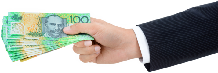 Businessman hand giving  money, Australian dollar (AUD) banknotes, PNG file no background