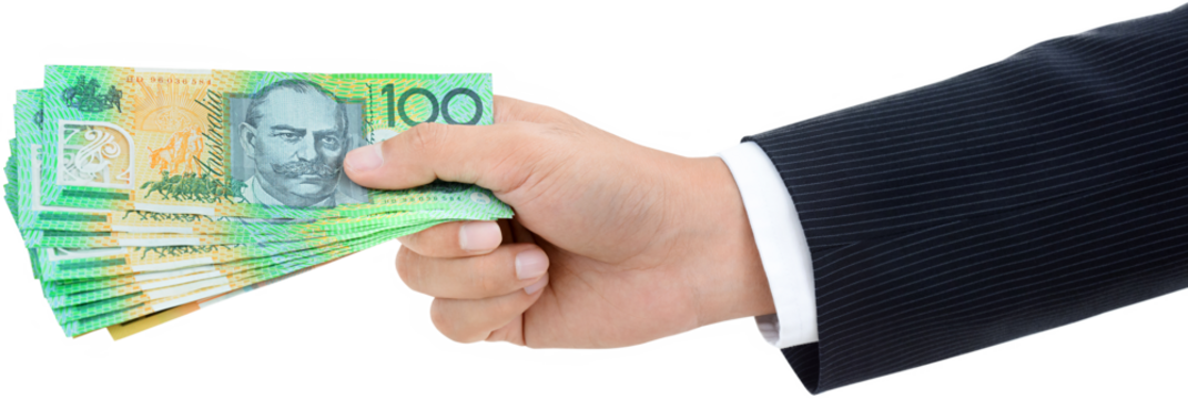 Businessman hand giving  money, Australian dollar (AUD) banknotes, PNG file no background