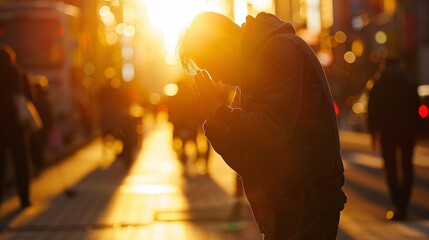 Sunset Selfie A Man's Prayer in the Sunlight Generative AI - obrazy, fototapety, plakaty