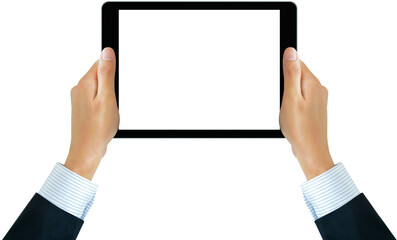 Hand holding tablet computer with empty screen, modern digital technology, PNG file no background - obrazy, fototapety, plakaty