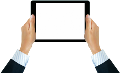 Hand holding tablet computer with empty screen, modern digital technology, PNG file no background