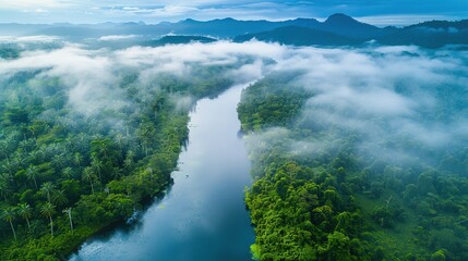 River in Rainforest Landscape from Drone View. Green Jungle Scene of Nature and Water Stream - Aerial View of Beautiful Amazon Environment
