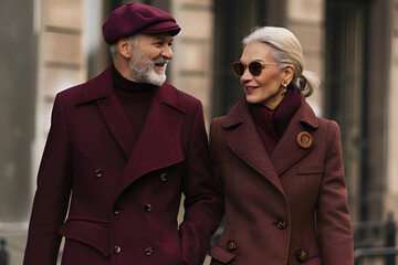 Stylish, fashionable diversity senior couple lovers walking on city street in vintage classic, luxury clothes. Generative ai. Older aged man and woman.