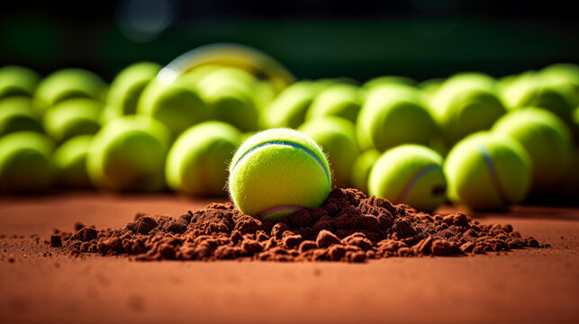 Tennis balls scattered on clay court with racket