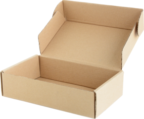Corrugated empty open brown carton box, PNG file no background
