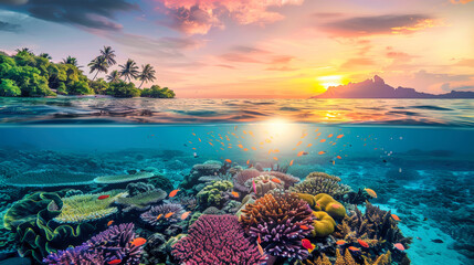 A coral reef with a vibrant sunset in the background, showcasing the colorful marine life and the sun setting on the horizon - Powered by Adobe