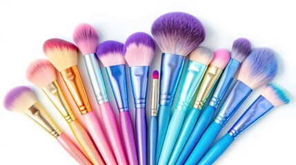 A collection of makeup brushes with colorful handles arranged in a fan shape. 