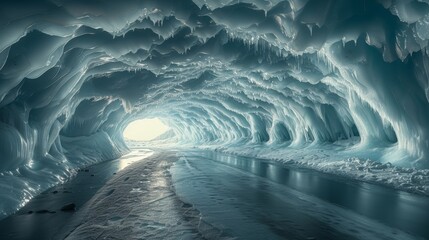 Icy cave with sculpted walls and frozen river