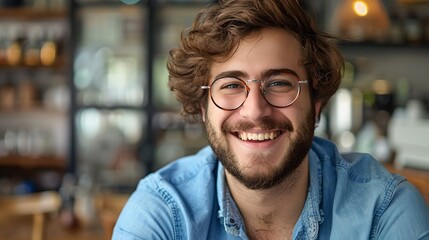Smiling young man with glasses in a casual denim shirt at a cafe. Portrait of a cheerful guy with a beard. Friendly face, lifestyle moment captured. AI - obrazy, fototapety, plakaty