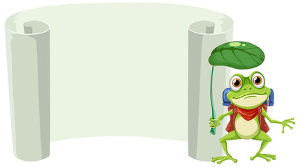 Cartoon frog holding a blank scroll banner
