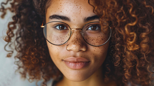 Portrait of a girl with glasses and freckles and curly hair