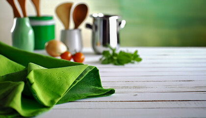 White wooden table  with green napkin and cooking utensils - obrazy, fototapety, plakaty