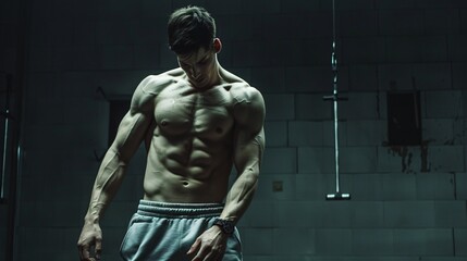 Fototapeta na wymiar Gym-Hardened Muscle Man in Gray Pants Generative AI