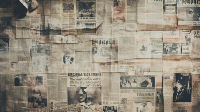 Wall of vintage newspapers with nostalgic photos
