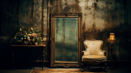 Room with chair, table, flowers, antique mirror