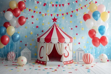 A room decorated with a circus theme, featuring a red and white tent, a star