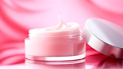 Clear cream jar on pink background