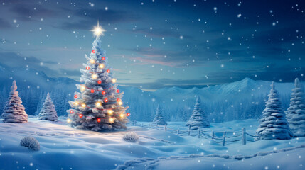 Fototapeta na wymiar Christmas tree in snow with star above