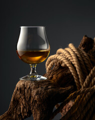 Brandy snifter and rope on a old wooden snag.