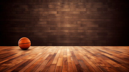 Basketball ball on wooden floor with brick wall background