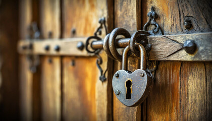 Close-up of an old wooden door with a large wrought iron latch and heart-shaped padlock. Generative...