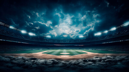 A baseball field under cloudy sky with lights above