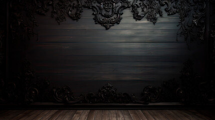 Close-up of wooden floor and black wall - obrazy, fototapety, plakaty