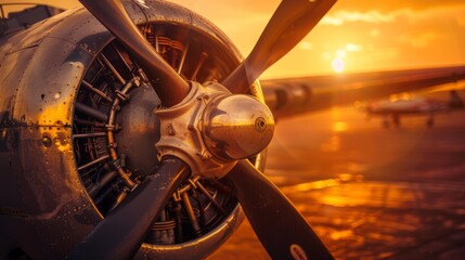 Close-up of a vintage airplane propeller at sunset - obrazy, fototapety, plakaty