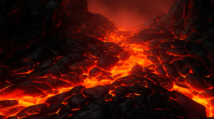 Lava flowing with a red glow on a mountain