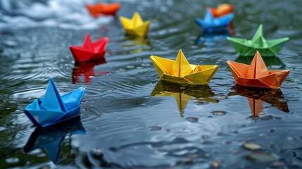 Colorful paper boats on water