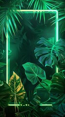 monsterra plants frame and green neon light