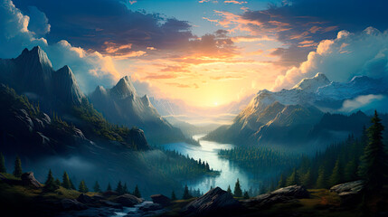 A serene mountain landscape with a flowing river - obrazy, fototapety, plakaty