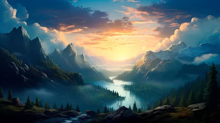 Deurstickers A serene mountain landscape with a flowing river © StockKing