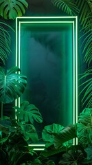 monsterra plants frame and green neon light