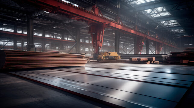 Large warehouse filled with steel sheets