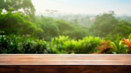 Wooden table close up with forest view
