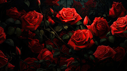 Many red roses in a cluster - obrazy, fototapety, plakaty