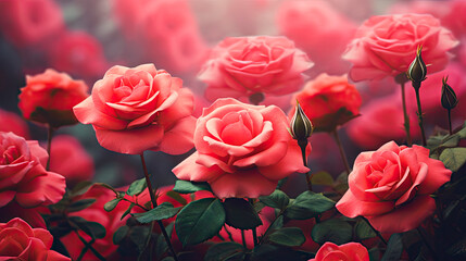 Pink roses blooming in garden - obrazy, fototapety, plakaty