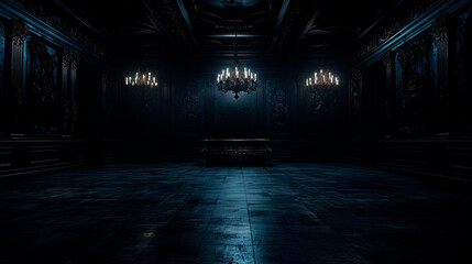 Dimly lit room with elegant chandeliers and a bench