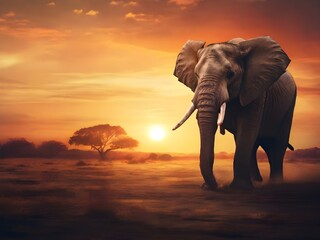 ELEPHANT WALKING IN SUN SET