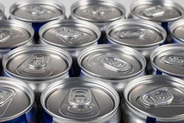 metal beer cans background close up