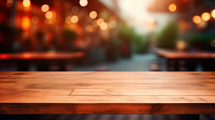 Empty wooden table with blurred background lights