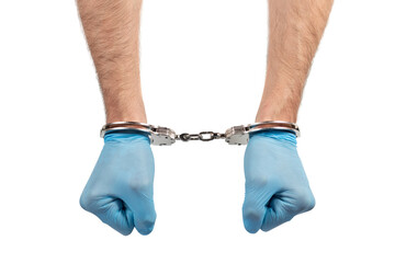 male hands in handcuffs and medical glove on white background