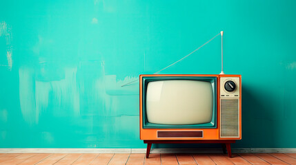 Old television against blue wall - obrazy, fototapety, plakaty