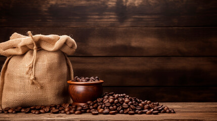 A sack of coffee beans and a cup of beans on a wooden table