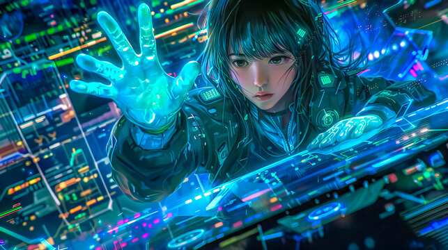 Cyberpunk female dj in neon lights