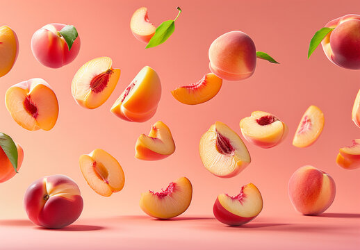 fresh juicy floating peaches and slices isolated on plain pink color studio background