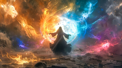Mystical sorcerer summoning elemental magic - obrazy, fototapety, plakaty