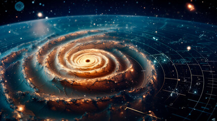 Science and research of the universe spiral galaxy and physical formulas concept of knowledge and education g