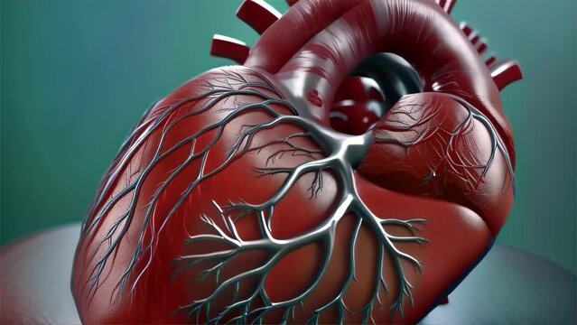 A hyper-realistic depiction of a human heart displayed as if in an exhibit, with a focus on intricate details and textures.